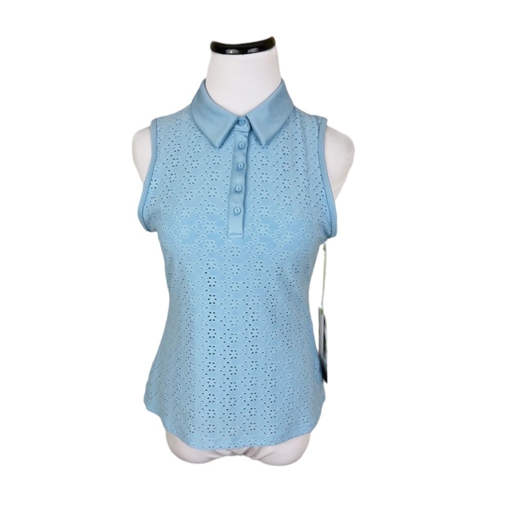 Kyodan Sky Blue Sleeveless Eyelet Lace Collared Polo Shirt NWT Size S